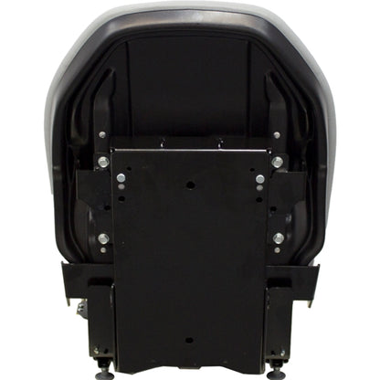 Black heavy-duty suspension seat for skid steers and excavators with a durable metal mounting base.