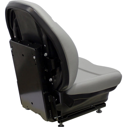 Grey vinyl suspension seat for skid steers and construction equipment with a durable black metal mounting frame.