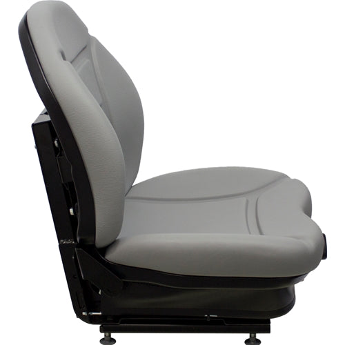 Gray vinyl suspension seat for skid steers and heavy equipment with a black metal base and contoured backrest.