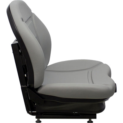 Gray vinyl suspension seat for skid steers and heavy equipment with a black metal base and contoured backrest.