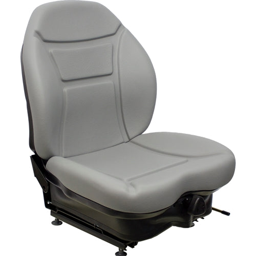 Grey vinyl suspension seat for skid steers and tractors with a contoured backrest and adjustable black base.