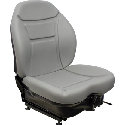 Grey vinyl suspension seat for skid steers and tractors with a contoured backrest and adjustable black base.