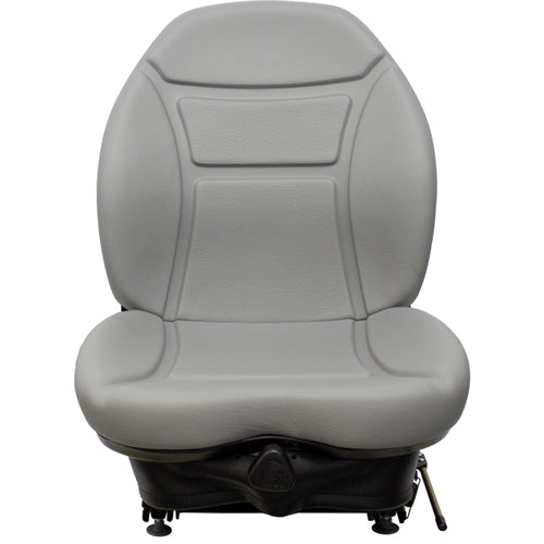 Gray vinyl suspension seat for skid steers and heavy equipment with a contoured backrest and black base.