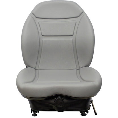 Gray vinyl suspension seat for skid steers and heavy equipment with a contoured backrest and black base.