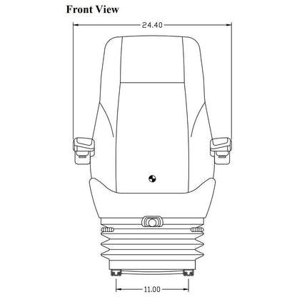 Technical line drawing of a heavy-duty excavator suspension seat with 24.40-inch width and 11-inch mounting base dimensions.