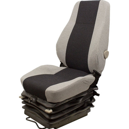 Heavy-duty gray and black fabric suspension seat for excavators and dozers with an adjustable flat mounting base.