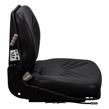 Black Grammer excavator seat with integrated backrest suspension and ergonomic contoured vinyl padding.