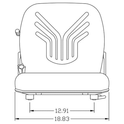 Technical line drawing of a Grammer back suspension seat with dimensions showing an 18.83-inch width and 12.91-inch bolt pattern.
