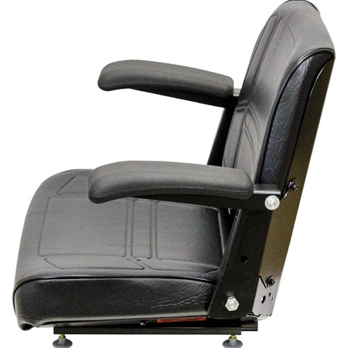 Black vinyl tractor seat with adjustable armrests, contoured foam cushions, and a durable steel frame for heavy equipment.