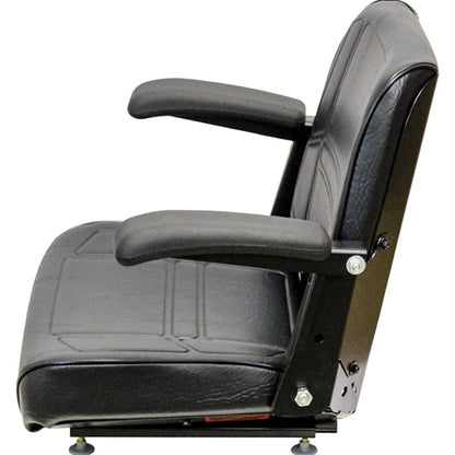 Black vinyl tractor seat with adjustable armrests, contoured foam cushions, and a durable steel frame for heavy equipment.