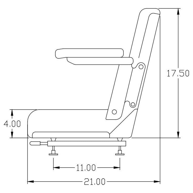 Technical line drawing of a tractor seat with adjustable armrests, showing side profile dimensions in inches.