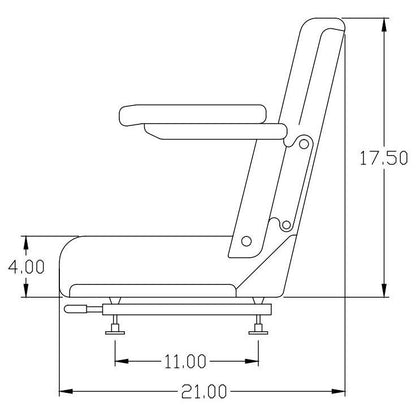 Technical line drawing of a tractor seat with adjustable armrests, showing side profile dimensions in inches.