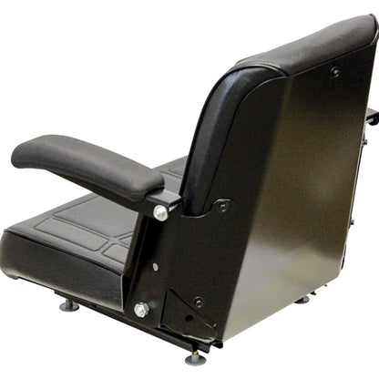 Black vinyl tractor seat with adjustable armrests and a durable steel frame for construction equipment.