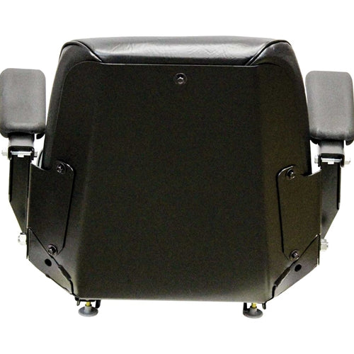 Black vinyl tractor seat with adjustable armrests and durable steel frame for construction and lift equipment.