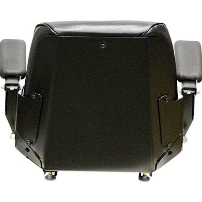 Black vinyl tractor seat with adjustable armrests and durable steel frame for construction and lift equipment.