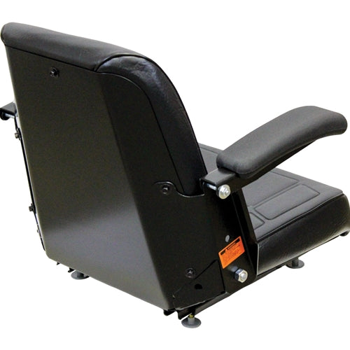 Black vinyl tractor seat with adjustable armrests, steel frame, and contoured foam cushions for construction equipment.