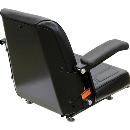 Black vinyl tractor seat with adjustable armrests, steel frame, and contoured foam cushions for construction equipment.