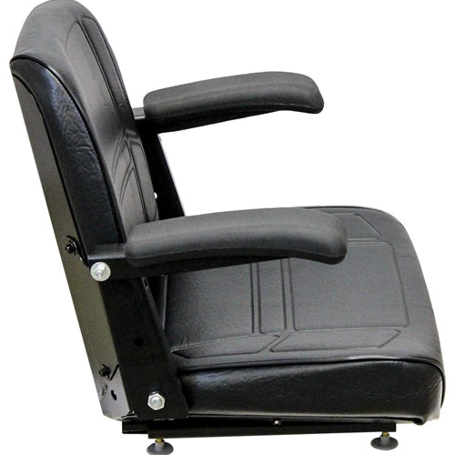 Black vinyl tractor seat with adjustable armrests, contoured foam cushions, and a durable steel frame for construction equipment.