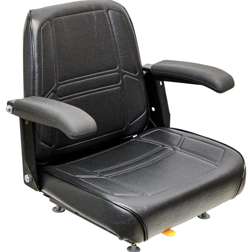 Black vinyl tractor seat with adjustable armrests, contoured foam cushions, and a durable steel frame.