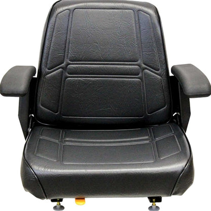 Black vinyl tractor seat with adjustable armrests, contoured foam cushions, and a durable steel frame for construction equipment.