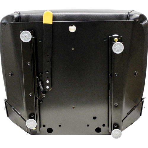 Black vinyl tractor seat underside with steel frame, slide rails, and yellow adjustment lever.
