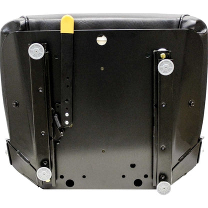 Black vinyl tractor seat underside with steel frame, slide rails, and yellow adjustment lever.
