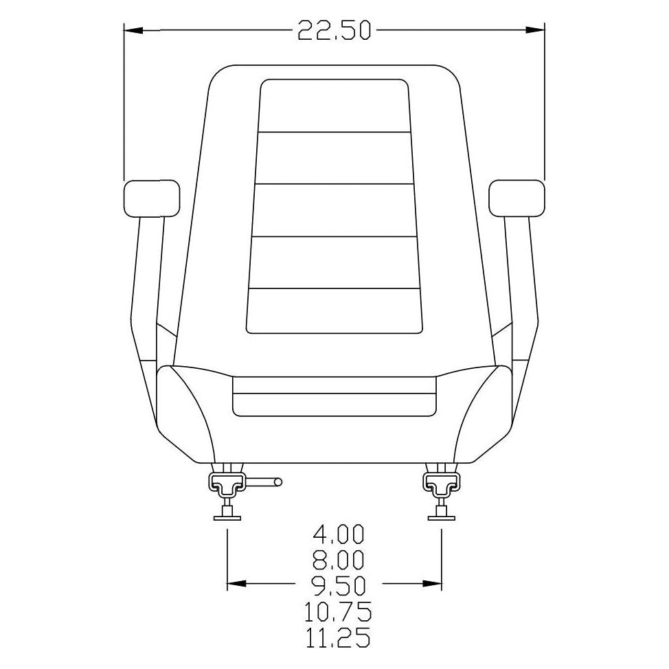 Technical line drawing of a tractor seat with armrests showing 22.5-inch width and multiple mounting pattern dimensions.