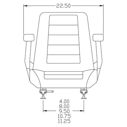 Technical line drawing of a tractor seat with armrests showing 22.5-inch width and multiple mounting pattern dimensions.