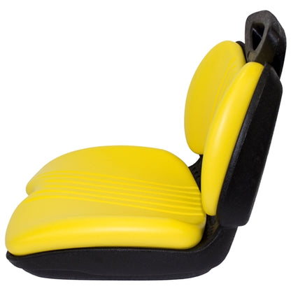 High-back yellow vinyl lawn tractor seat with a durable black plastic frame and contoured ergonomic design.