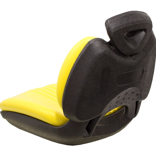 High-back yellow vinyl lawn tractor seat with a durable black plastic frame and ergonomic design.
