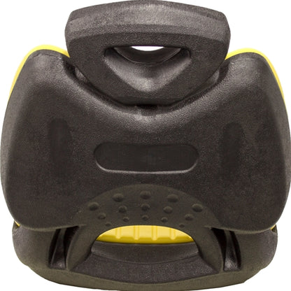 Black and yellow high-back lawn tractor seat with a durable, corrosion-resistant blow-molded plastic frame.