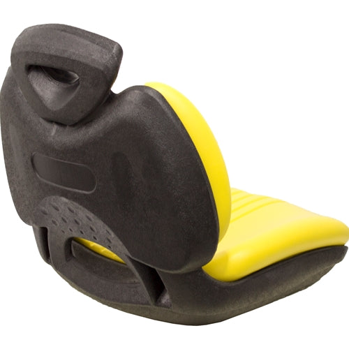 High-back yellow vinyl lawn tractor seat with a durable black plastic frame and ergonomic design.