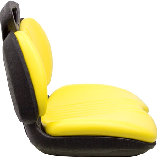 High-back yellow vinyl lawn tractor seat with a durable black plastic frame for garden and turf equipment.