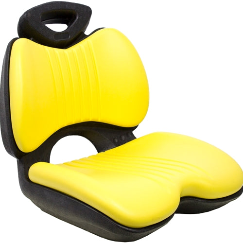 High-back yellow vinyl tractor seat with a durable black plastic frame and ergonomic design for lawn and garden equipment.
