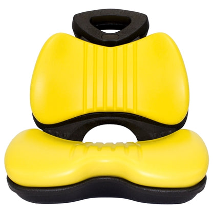 High-back yellow vinyl lawn tractor seat with a durable black plastic frame and ergonomic design for turf equipment.