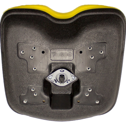 Underside of a yellow and black high-back lawn tractor seat with multiple mounting patterns and a durable plastic frame.