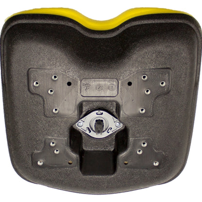 Underside of a yellow and black high-back lawn tractor seat with multiple mounting patterns and a durable plastic frame.
