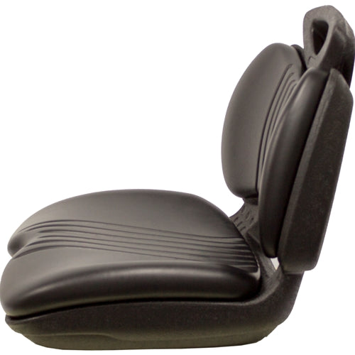 Black high-back lawn tractor seat with durable, waterproof vinyl and a corrosion-resistant molded plastic frame.