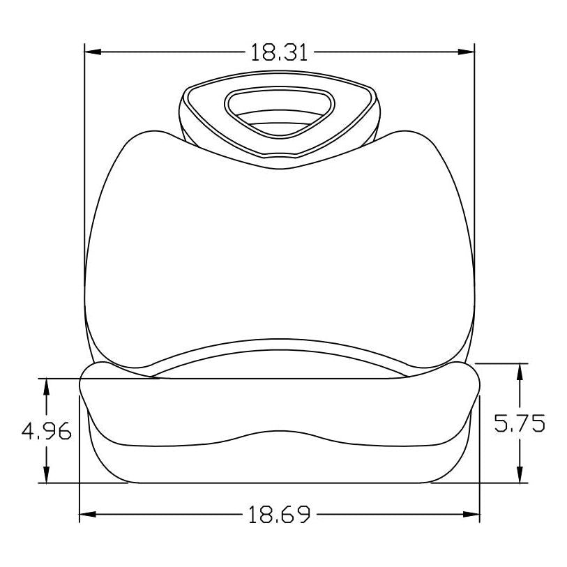 Technical line drawing of a high-back lawn tractor seat with dimensions labeled for mounting and width.