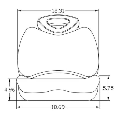 Technical line drawing of a high-back lawn tractor seat with dimensions labeled for mounting and width.
