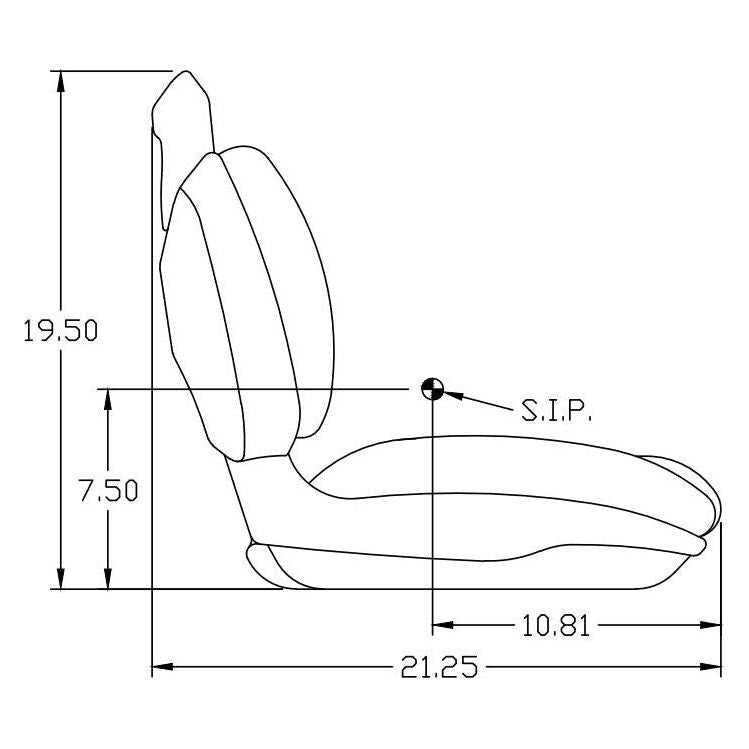 Technical line drawing of a high-back lawn tractor seat showing dimensions and S.I.P. reference point.