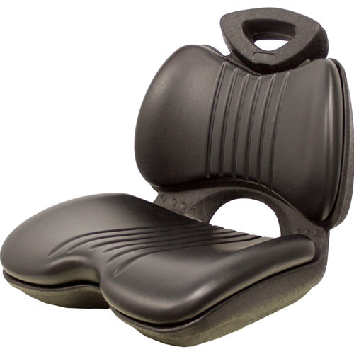 Black high-back lawn tractor seat with waterproof vinyl, molded plastic frame, and integrated handle for garden equipment.