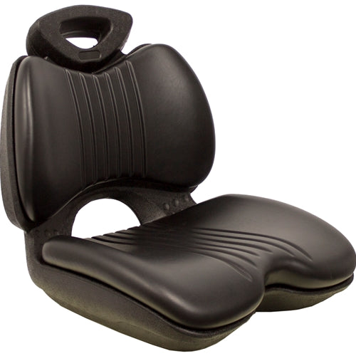 Black high-back lawn tractor seat with durable vinyl covering and a contoured ergonomic design for garden equipment.