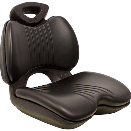 Black high-back lawn tractor seat with durable vinyl covering and a contoured ergonomic design for garden equipment.