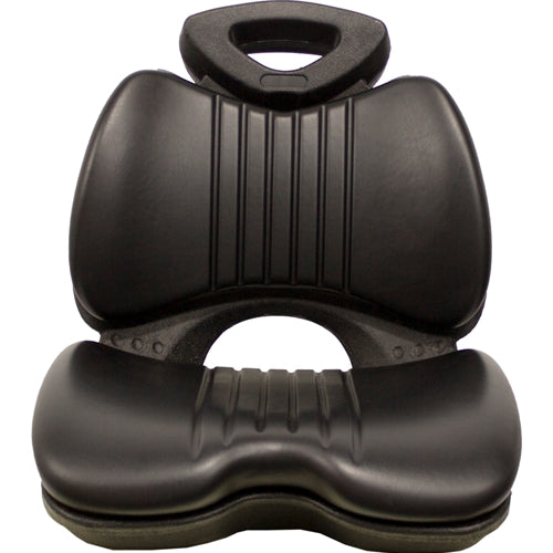 Black high-back lawn tractor seat with durable vinyl covering and integrated handle for garden and turf equipment.
