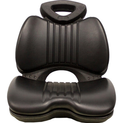 Black high-back lawn tractor seat with durable vinyl covering and integrated handle for garden and turf equipment.