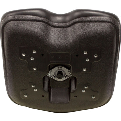 Black high-back lawn tractor replacement seat with a durable, corrosion-resistant plastic frame and multiple mounting patterns.