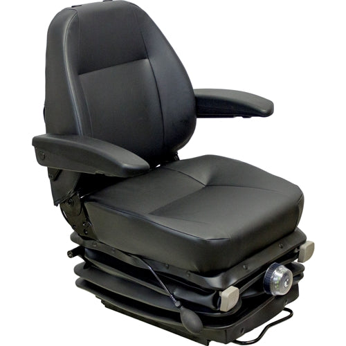 Black heavy-duty excavator suspension seat with adjustable armrests and a flat mounting base for construction equipment.