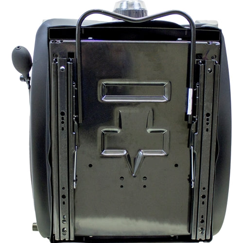 Black heavy-duty excavator suspension seat with a metal mounting base and integrated adjustment rails for flat surfaces.