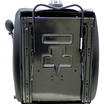 Black heavy-duty excavator suspension seat with a metal mounting base and integrated adjustment rails for flat surfaces.